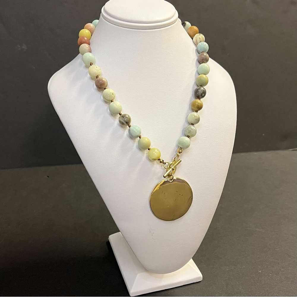 Amazonite & Jasper Stone Beaded Necklace with Gold Tone Medallion